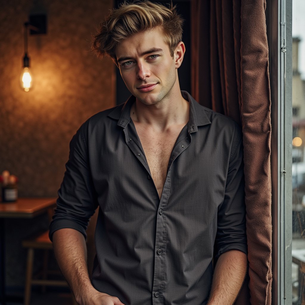 A highly detailed, highly realistic HDR waist-up portrait of a 28-year-old male creator in an undone charcoal button-down shirt, exposing part of his toned chest, sleeves casually rolled up. He leans against a rich velvet backdrop with one arm braced, head tilted slightly, lips curved in a subtle smirk. Captured at 50mm f/1.8, a dramatic spotlight from camera left sculpts his jawline and collarbones, while warm fill light softens his gaze. His eyes meet the camera with slow-burning confidence, embodying the intimate, premium OnlyFans vibe rather than a traditional fashion shoot.