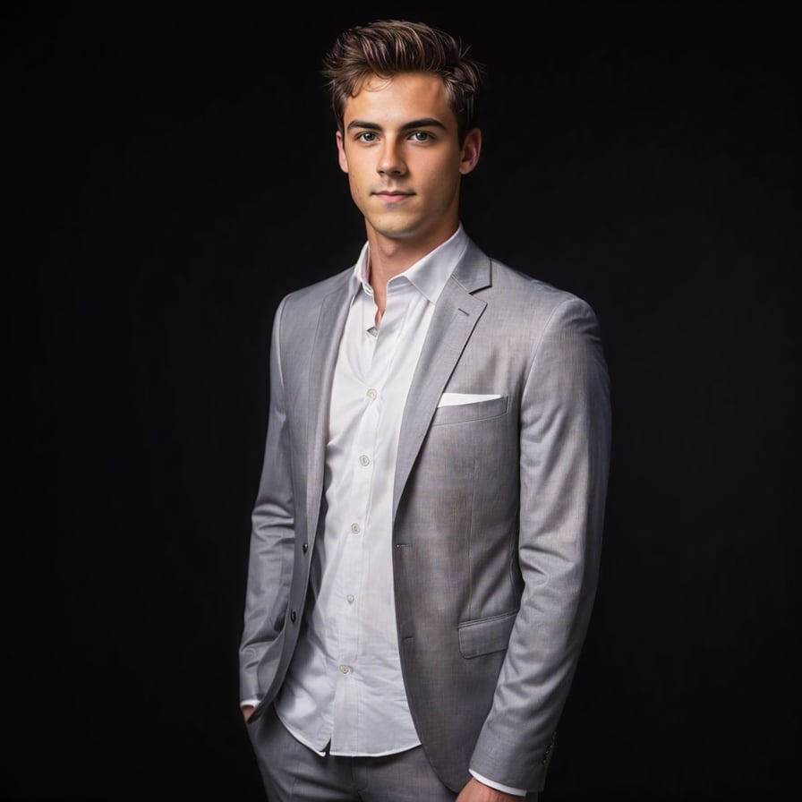 Confident man in suit, city backdrop, professional, bokeh.