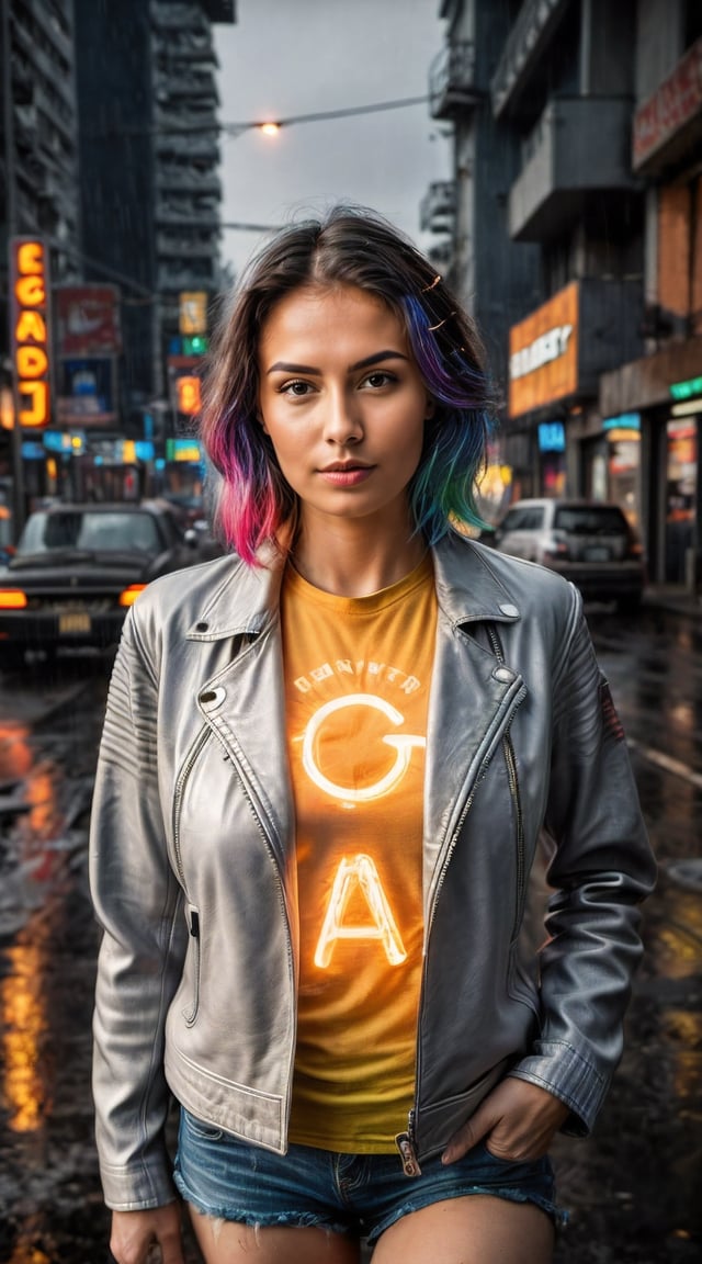 Cyber-enhanced woman, cyberpunk cityscape, neon lights, intense, cinematic.