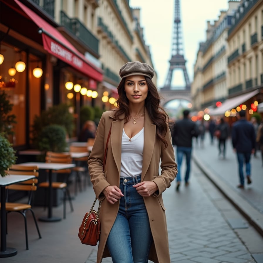 woman in a stylish outfit, wearing a beret and holding a Chanel-inspired handbag, walking down a charming Parisian street lined with cafes and boutiques, under the soft glow of street lamps and surrounded by historic Haussmannian buildings.