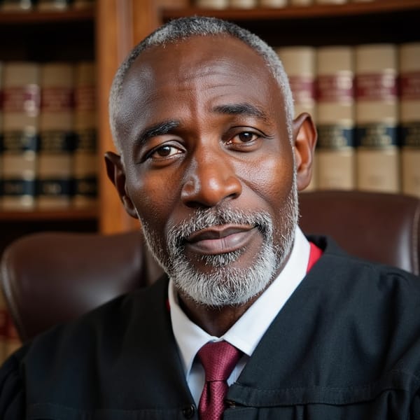 Head-on portrait of an elderly male judge, deep wrinkles, white beard, black robes with red trim, seated in high-backed chair, bookshelf behind; 85mm lens, diffused softbox light, sharp detail on skin, wood grain and cloth folds.