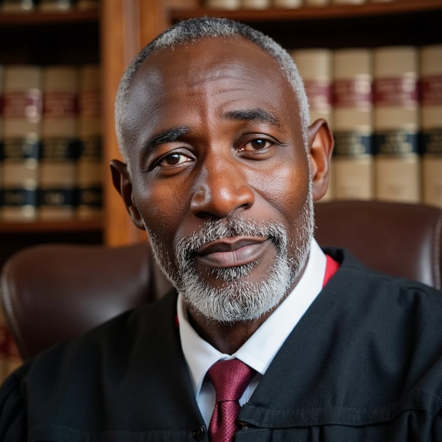 Head-on portrait of an elderly male judge, deep wrinkles, white beard, black robes with red trim, seated in high-backed chair, bookshelf behind; 85mm lens, diffused softbox light, sharp detail on skin, wood grain and cloth folds.