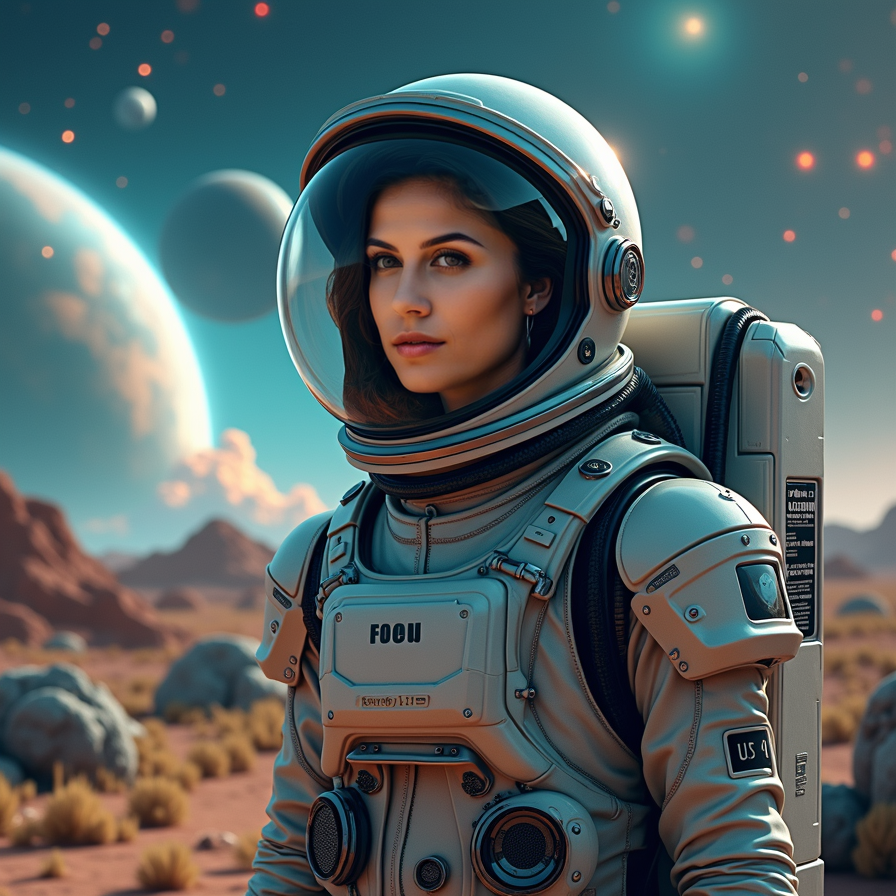 A woman stands in an alien landscape, facing the camera with a serene yet determ