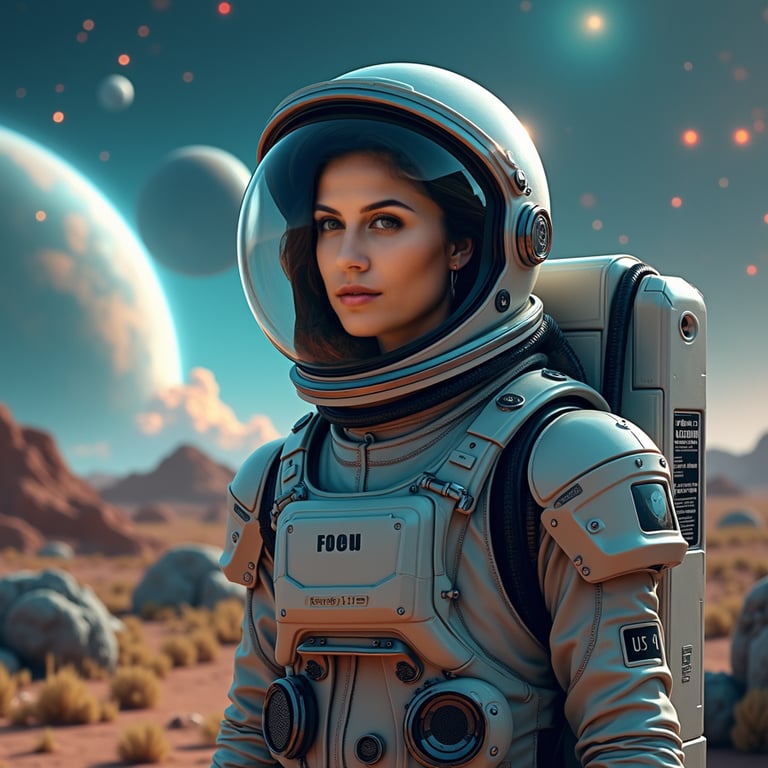 A woman stands in an alien landscape, facing the camera with a serene yet determ