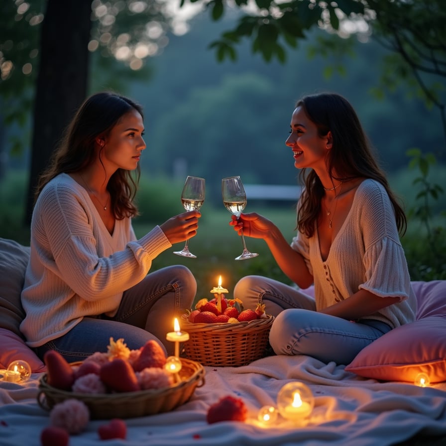 Her partner surprises her with a secluded picnic setup in her favorite outdoor spot. The blanket is adorned with fairy lights, cozy cushions, and a basket filled with her favorite snacks and wine. They spend the evening stargazing and sharing their dreams for the future