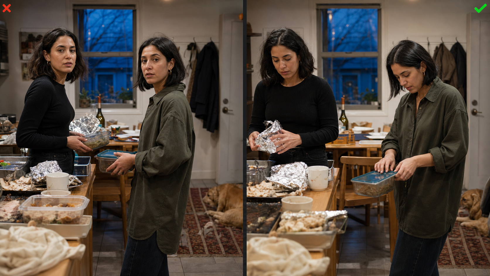 Comparison showing interrupted cleanup and relatives packing Thanksgiving leftovers