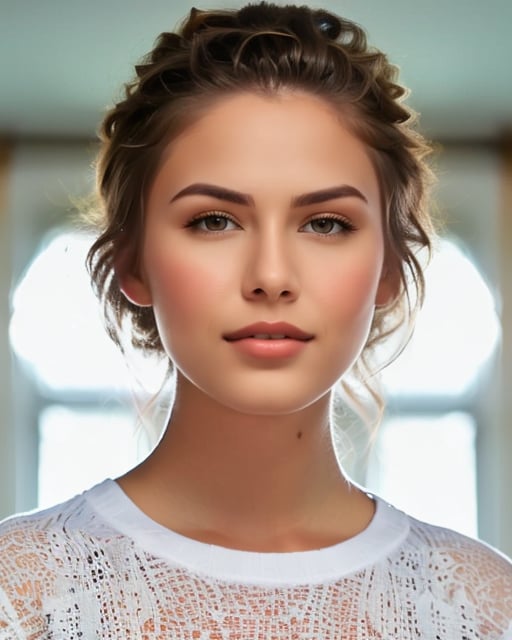 Woman in evening gown, dramatic lighting, sunset cityscape backdrop.