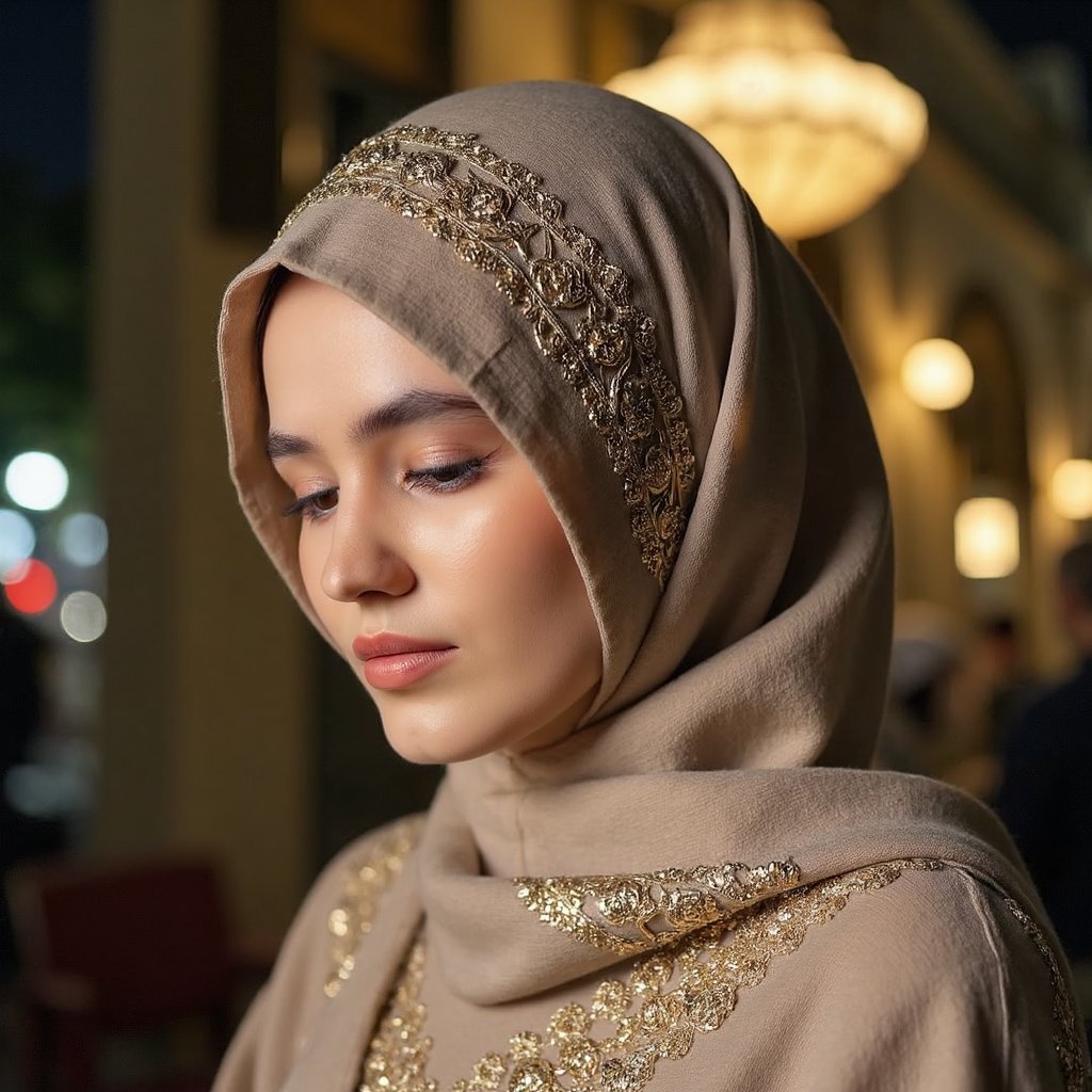 Close-up headshot of a woman in an elegant hijab with gold embroidery, eyes closed in reflection, soft background lights resembling Mawlid night ambiance