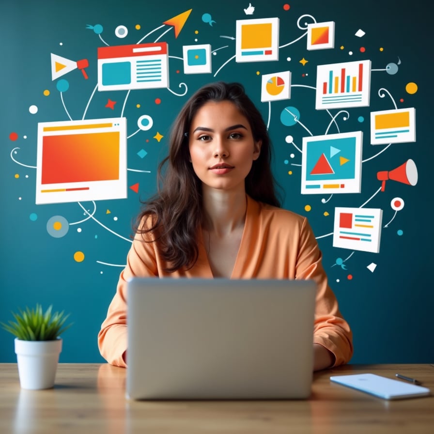 An entrepreneur working on a laptop surrounded by dynamic, colorful digital marketing visuals (banners, social posts, and ads) that appear to come alive, emphasizing ease of creation and empowerment.
