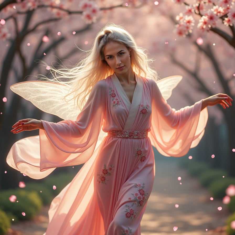A magical fairy-like woman with flowing pastel hair dances among floating cherry blossoms in an ethereal, enchanted forest. Her translucent wings catch the golden light, and tiny glowing particles follow her movements
