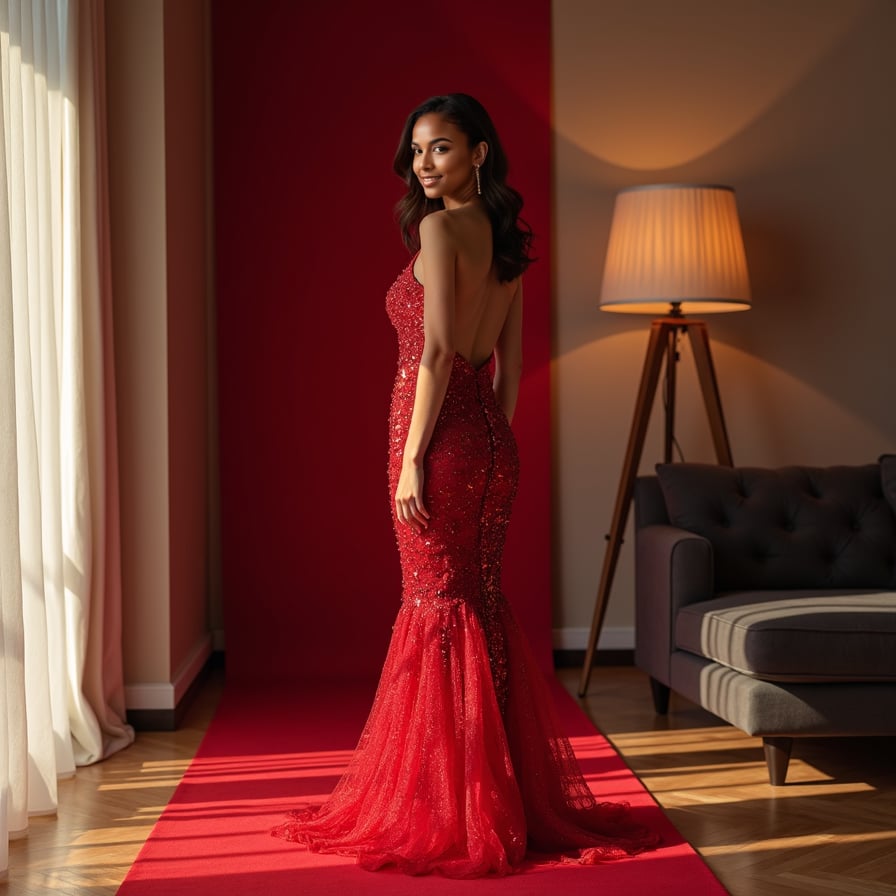 Red Carpet Glam: The model is on a glamorous red carpet event, dressed in a show-stopping gown. With flashing cameras and a backdrop of photographers, she faces the camera confidently, showcasing the ultimate in red-carpet elegance.