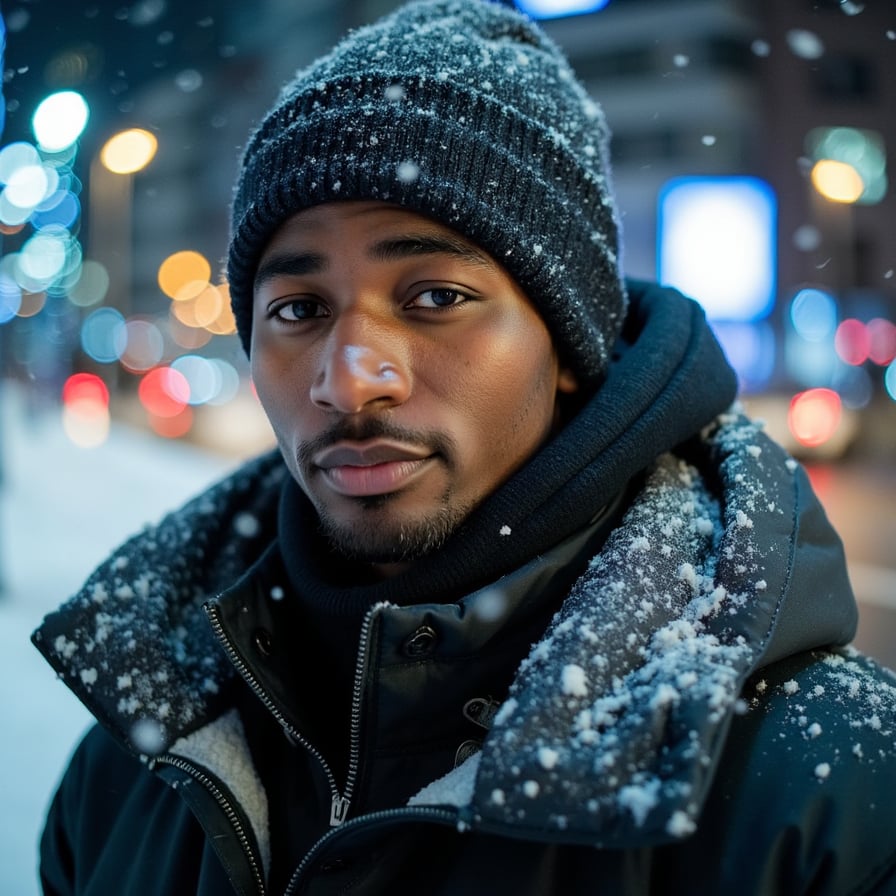 man waist-up in a snowy city street at night, cinematic blue hour mood, soft blurred city lights in the background, gentle snowfall, clear facial focus, cool winter lighting, highly detailed, highly realistic, HDR