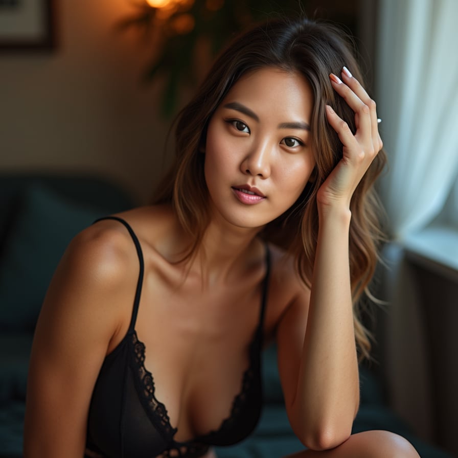 Create a bespoke headshot of a woman that reflects her personal brand and style. She is styled in soft, feminine tones or bold, dynamic settings, with expressive looks that convey her personality. The image should balance approachability with high-quality allure