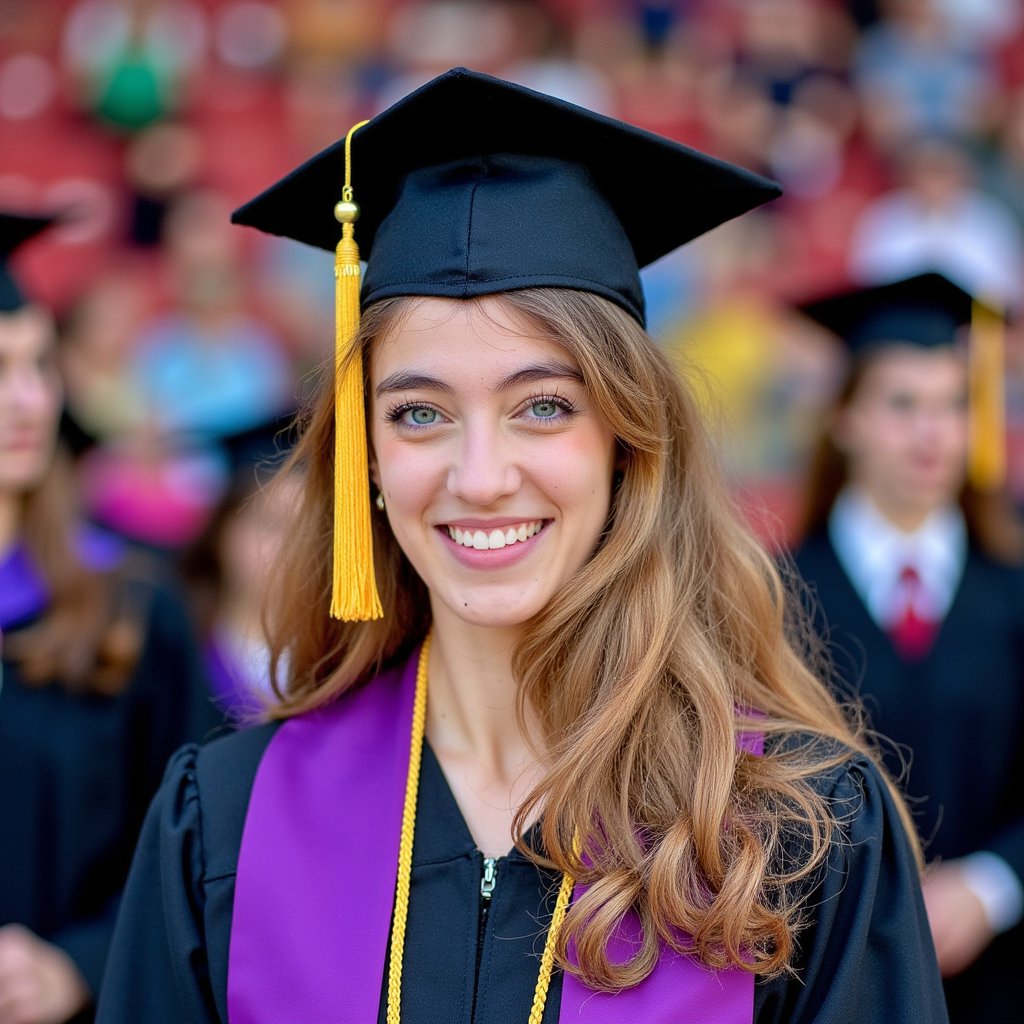 Waist-up portrait of a woman graduate smiling proudly while facing the camera, with blurred classmates in gowns in the background forming subtle color bokeh; she wears a black gown, deep purple stole, and honor cords (gold); soft curled hair falling over one shoulder, mortarboard slightly tilted; camera slightly above eye line, 105 mm lens, f/1.8; soft natural lighting, overcast daylight providing even illumination; shallow depth isolates her face; background softly colorful but uncluttered; fine details: woven cord texture, stitching along stole hem, lashes and reflections in the eyes; tone balanced, lifelike color, highly detailed, highly realistic, HDR finish.
