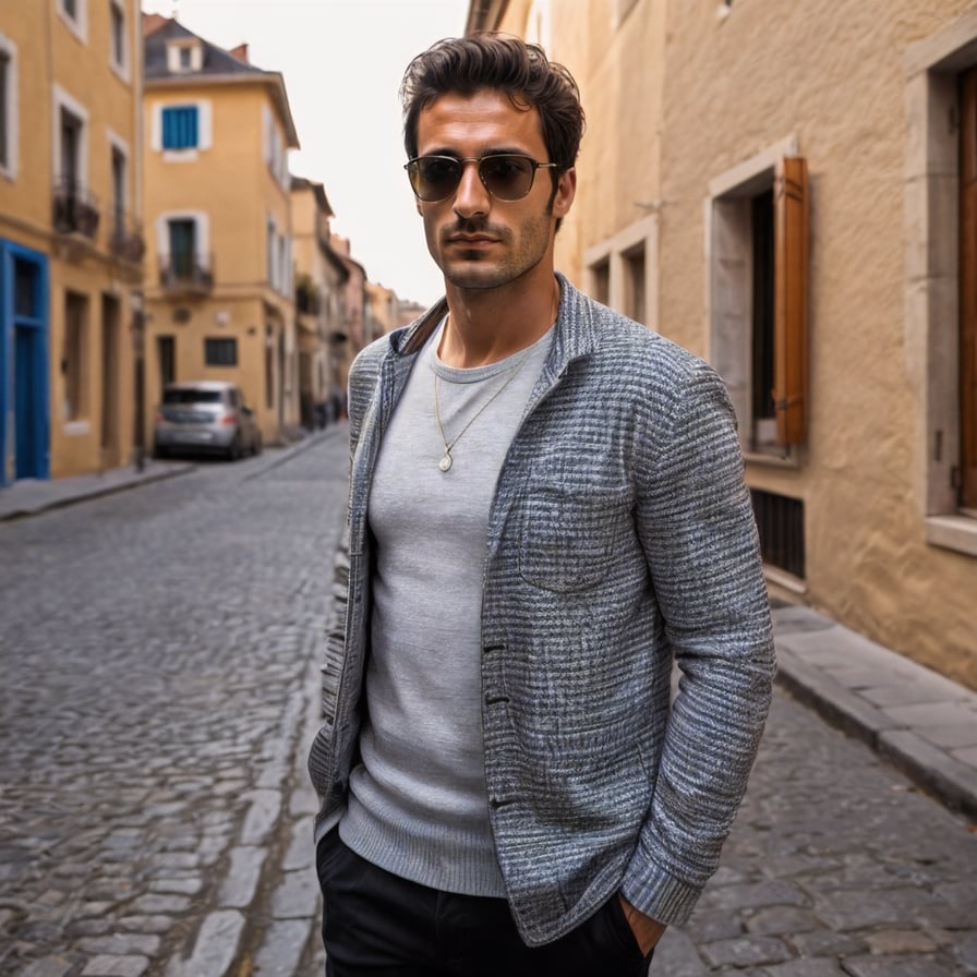 Trendy man in sunglasses, exploring scenic European streets.