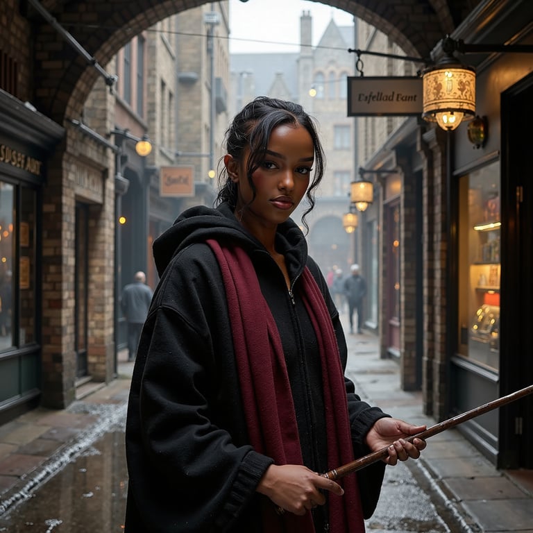 Ultra-detailed HDR medium shot of a 17-year-old female Hogwarts student with med