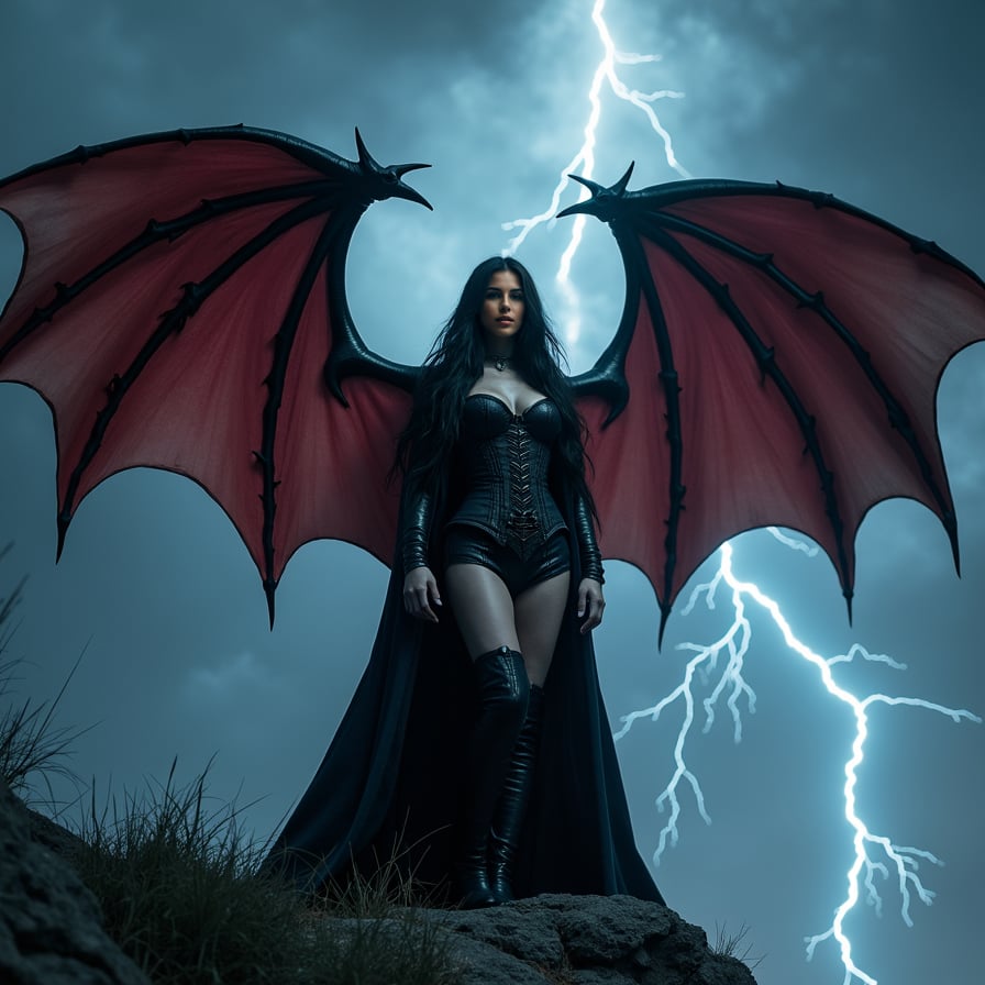 Depict a powerful vampire woman with large, leathery bat wings standing on the edge of a cliff under a stormy night sky. She has long, flowing black hair, wears a fitted, black medieval-style corset, and her gaze is intense. Lightning illuminates the storm clouds behind her, adding drama to the scene. Her wings are spread wide, and she looks as though she’s about to take flight.