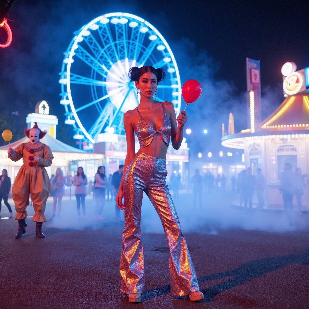 A young woman walks across a carnival ground at night, framed by neon-lit rides and a blurry Ferris wheel in the distance. She wears glittery flare pants with a sequined halter top, paired with metallic heels and silver hoop earrings. Her hair is crimped with a middle part, makeup shimmering with bold eyeliner and frosted pink lipstick. She holds a candy apple in one hand. The photo is styled with a grainy 90s disposable camera look. At the edge of the midway lights, Pennywise the clown stands partially visible, holding a single red balloon.