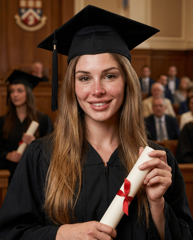 AI generated example: The same woman wearing a graduation cap and holding a diploma