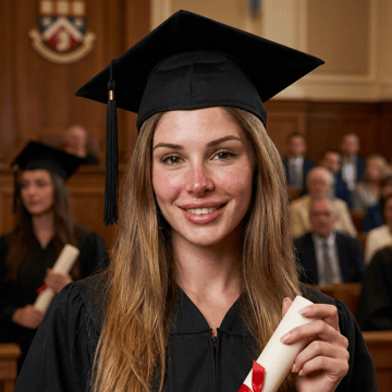 AI generated example: The same woman wearing a graduation cap and holding a diploma