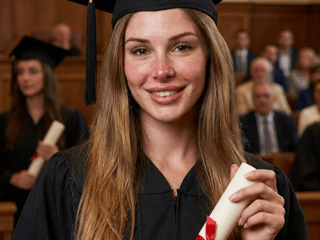 AI generated example: The same woman wearing a graduation cap and holding a diploma