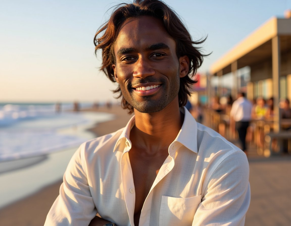 Waist-up casual portrait of a man in an open linen shirt, windswept hair. Background: blurred ocean waves and boardwalk café. Golden hour lighting casts warm glow on skin. Body at slight angle, smiling softly. Crisp details in shirt texture and sunlit hair strands.