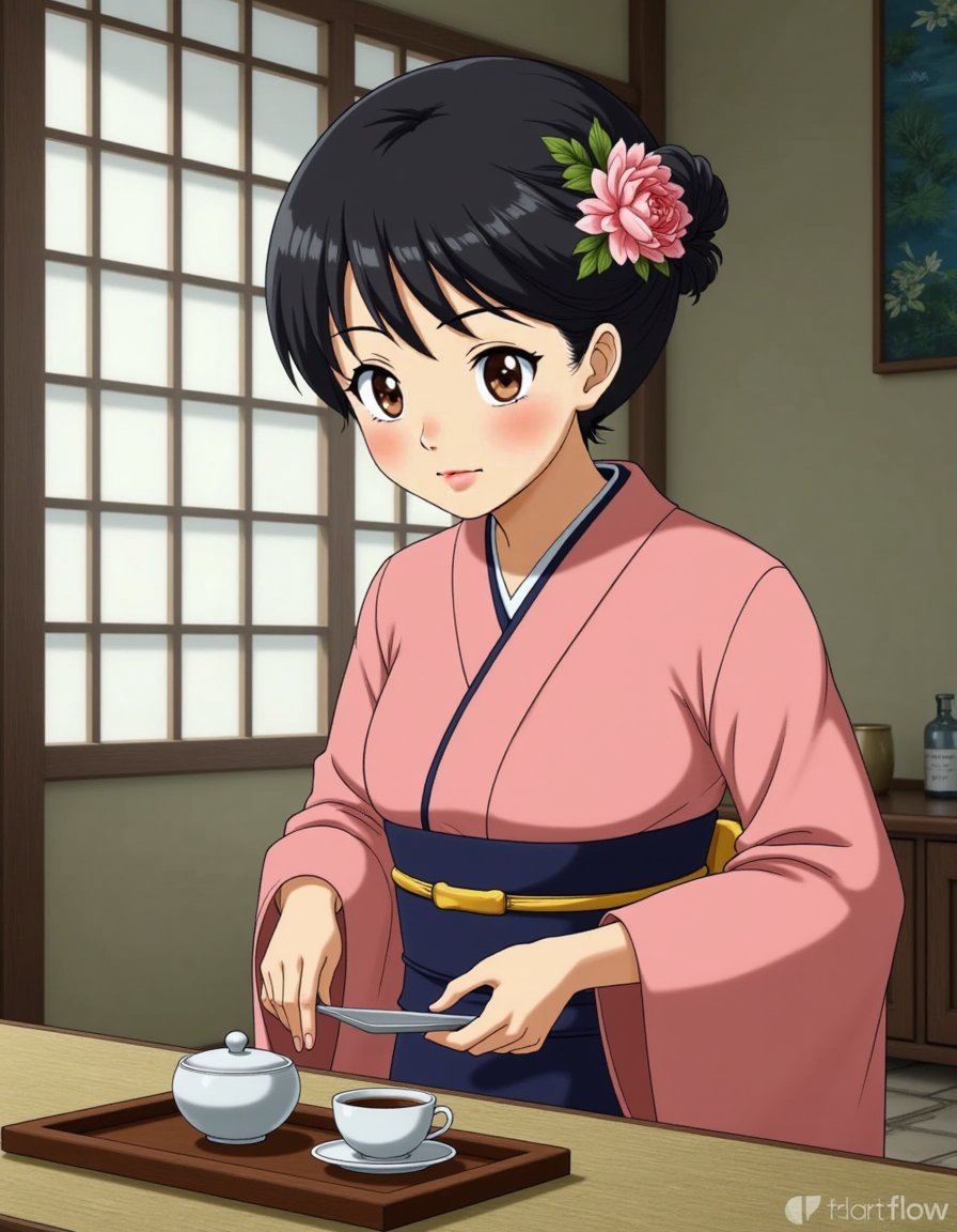 woman dressed in traditional style pink kimono, serving traditional japanese tea, animated style image