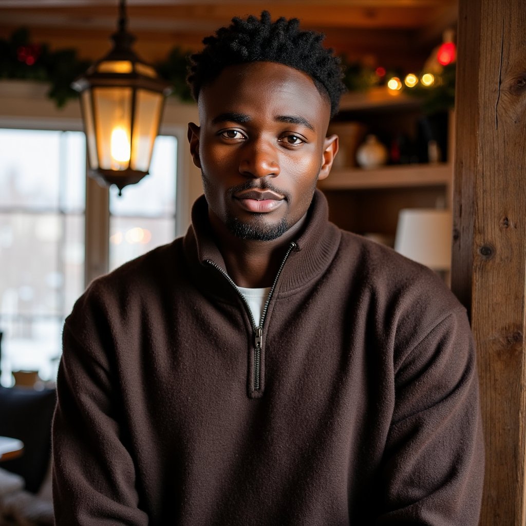 Waist-up portrait of a man inside a wooden cabin decked with subtle Christmas décor. He leans lightly against a wooden beam, hands relaxed at his sides, calm stillness. He wears a dark brown lambswool quarter-zip sweater with visible fiber fuzz, zipper glinting softly.
Hair: messy textured waves; short beard.
Lighting: warm cabin lantern light from camera-left, with a cooler outdoor window glow from behind for contrast.
Background: blurred cabin shelves with pine garland and a couple of minimal ornaments; clean, uncluttered, warm tones.
Camera: 70mm f/2, slight upward angle to add cabin grandeur; highly detailed, highly realistic, HDR showcasing wool texture and wood grain.