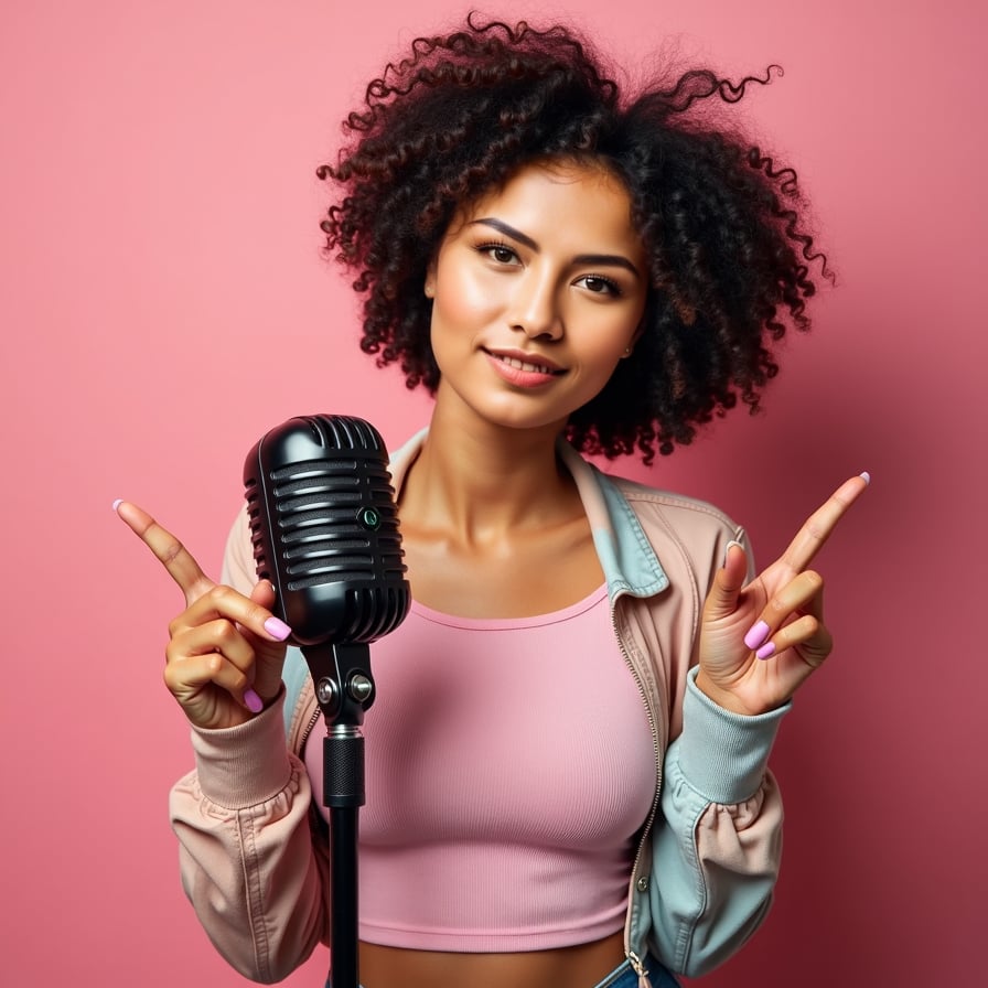 Generate a polished thumbnail-ready headshot of a woman with a bright and confident expression. She is posed in a way that adds intrigue, such as leaning slightly forward or pointing toward text space. The background is clean but vibrant, emphasizing her presence and creating a cohesive thumbnail