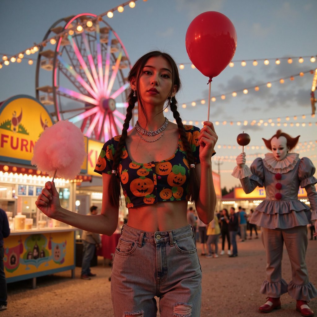 photo of a woman standing at a vintage carnival at dusk. she wears ripped light-wash jeans and a pumpkin-print crop top, accessorized with layered silver necklaces and glittery hair clips. her hair is styled into playful braided pigtails, and her makeup is fun and colorful with glossy lips and a subtle shimmer on her cheeks. she holds cotton candy in one hand and a caramel apple in the other. glowing string lights, ferris wheels, and food stalls shine brightly in the background with a dreamy nostalgic blur. in the background, in the distance near the funhouse mirrors stands Pennywise from IT, holding a single red balloon, his clown face barely lit in the carnival’s neon glow, creating an unsettling but cinematic contrast.