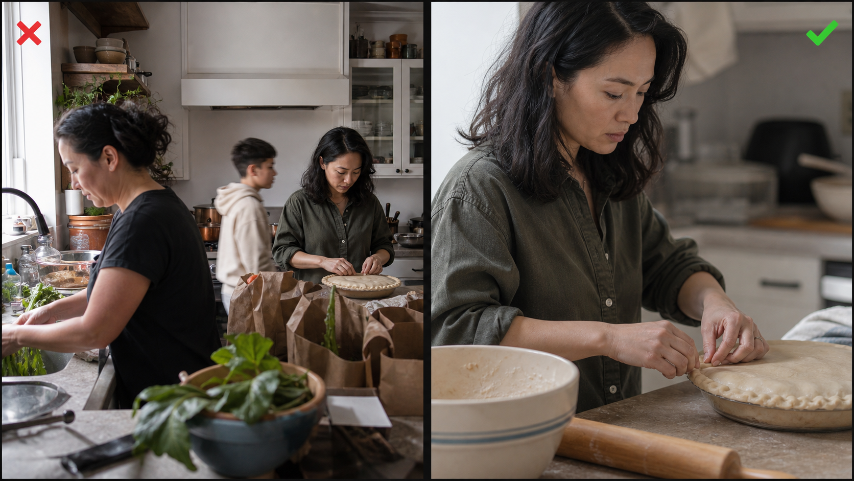 Comparison showing a busy kitchen and a focused candid photo of pie preparation