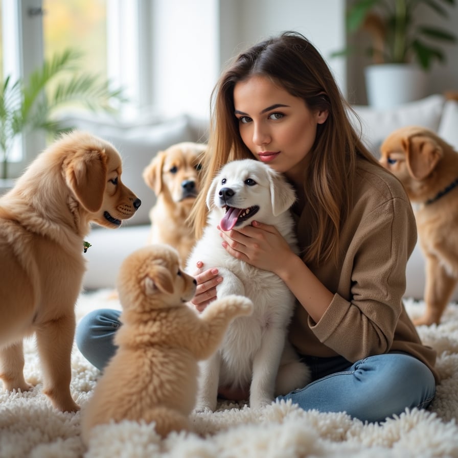 woman surrounded by playful furry friends, lovingly holding a cute puppy or kitten, in a cozy living room with natural light, soft pastel colors and minimalist decor