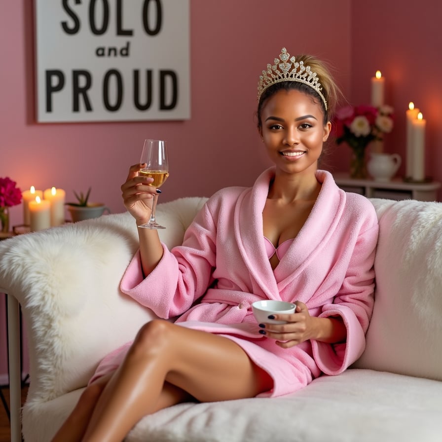 Capture a relaxed moment in a robe with a face mask on, holding a cup of tea or champagne.