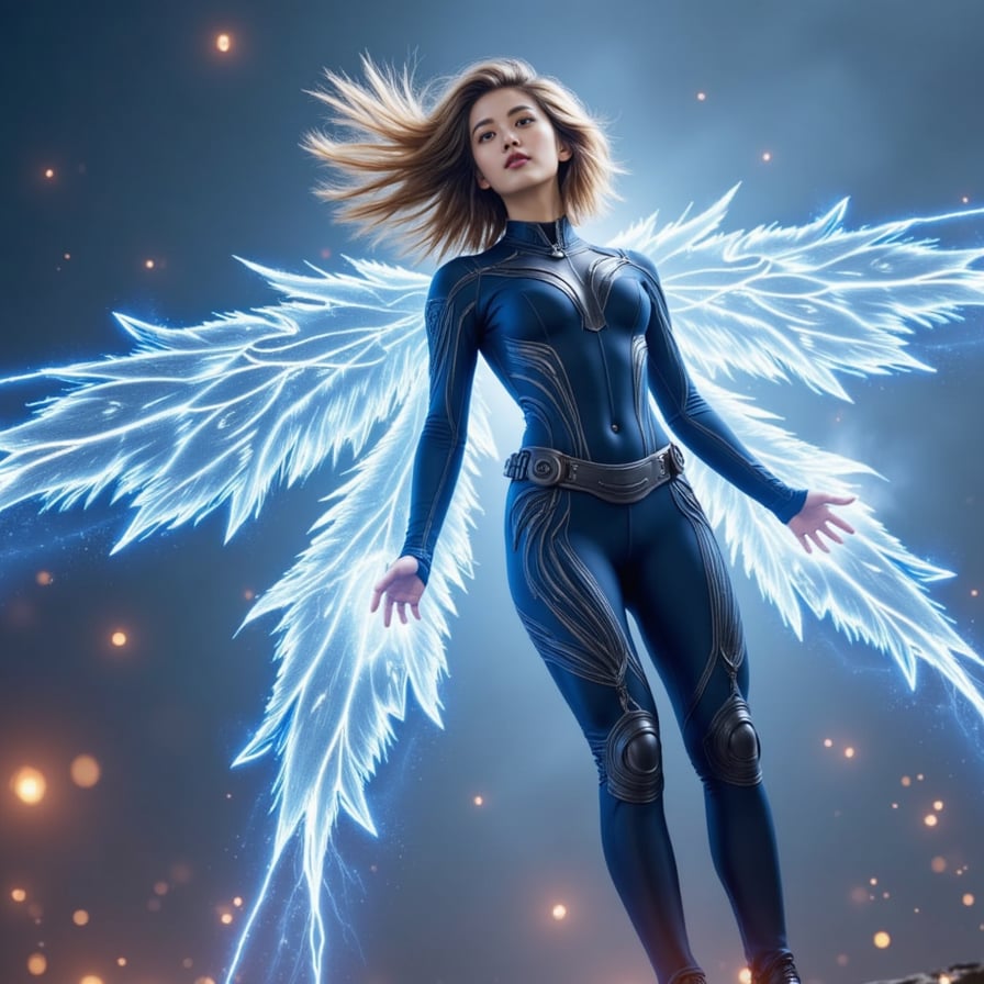 Bold female superhero descending from the sky with wings made of pure energy, futuristic tactical bodysuit with silver-blue highlights, lightning storm backdrop, heroic Marvel stance, cinematic 4K art