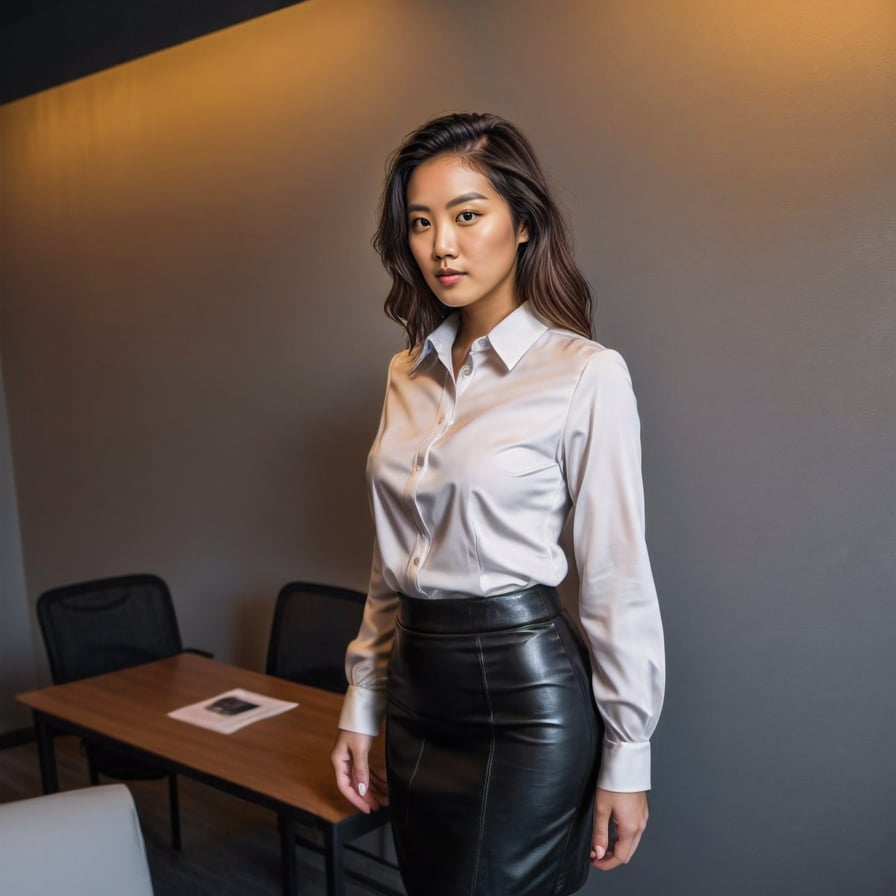Woman in dark outfit, minimalist backdrop, professional, confident.