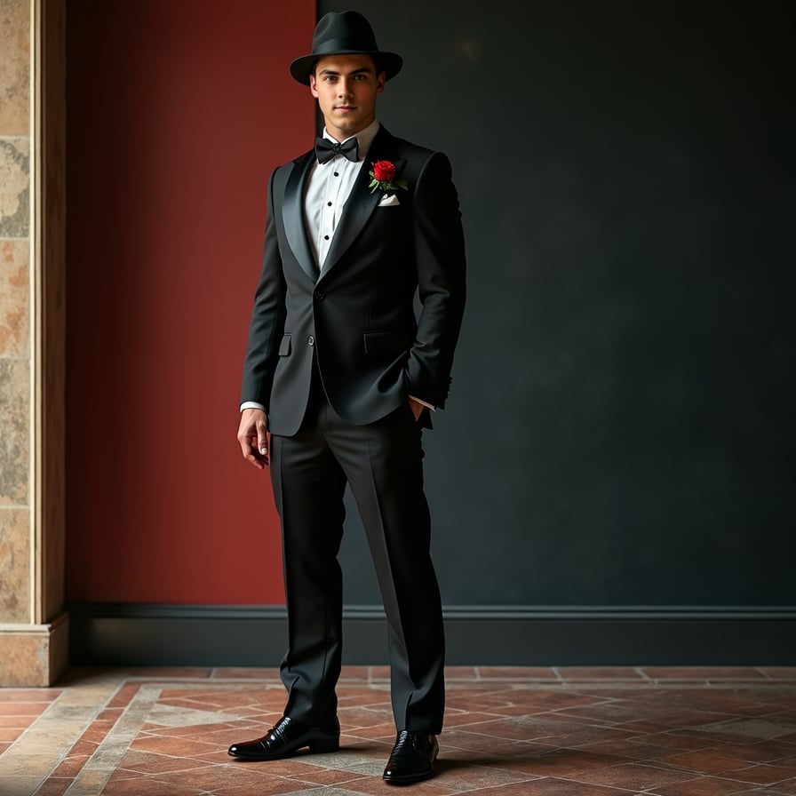 man dressed in a tailored, classic Godfather-inspired suit, wearing a fedora hat, adorned with a small, elegant red rose in his square pocket, standing against a dark, mysterious background with a grid-patterned floor, exuding an aura of sophistication and power.
