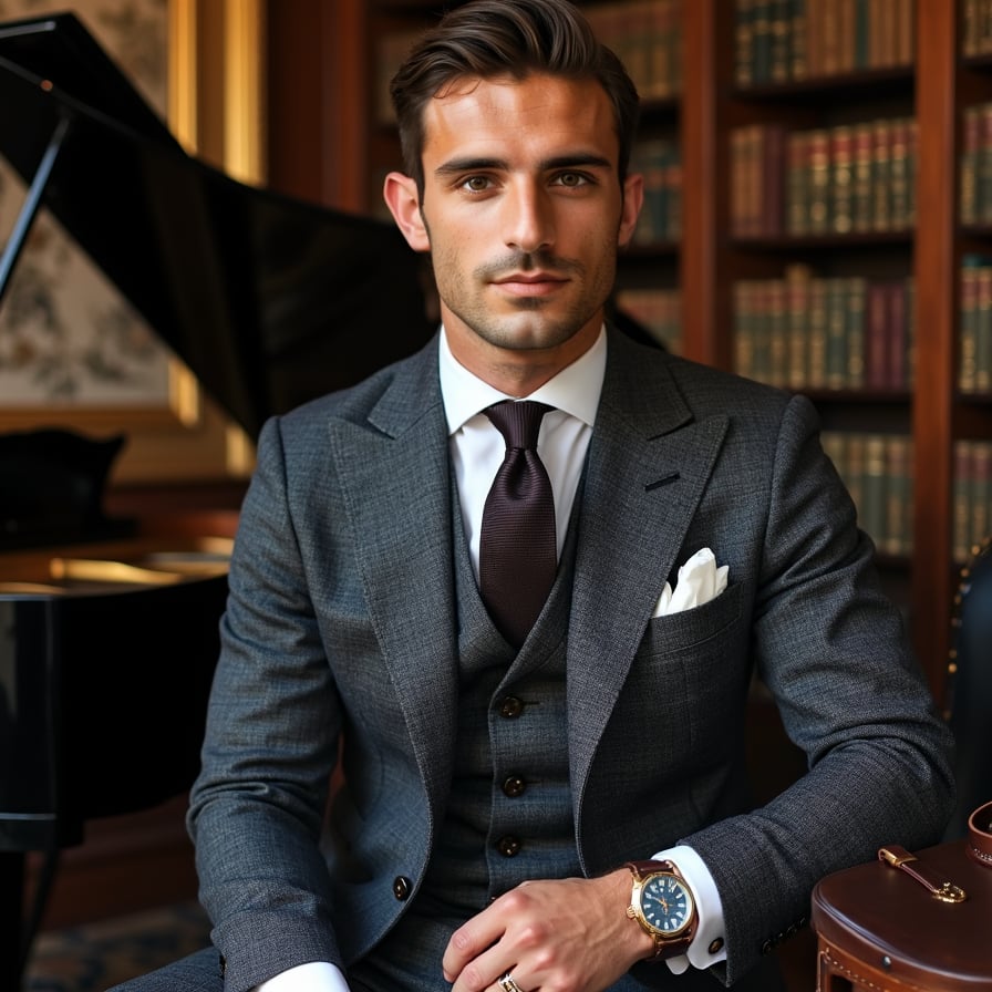 man in bespoke three-piece suit with subtle pattern, crisp dress shirt, and classic tie, seated in refined setting with antique decor, leather-bound books, or grand piano, soft warm lighting, vintage watch, leather bag, exuding timeless elegance and understated luxury