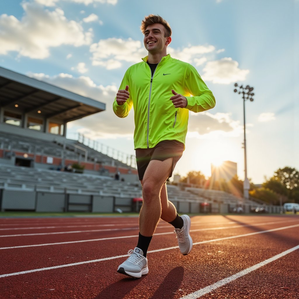 Man sprinting on a red tartan track at sunrise, breath visible in cool air; short fade haircut, slight stubble, intense forward focus; neon windbreaker half-unzipped over a compression tee, running tights layered with lightweight split shorts, knit mesh running shoes; dynamic panning shot at hip height to emphasize speed, 50mm, f/2.8, 1/60, ISO 200 with controlled subject sharpness and motion-blurred background; golden hour backlight with warm rim on shoulders and cool ambient fill from the sky; stadium bleachers and lane numbers softly blurred, minimal clutter; fabric wrinkles and reflective piping on windbreaker clearly rendered; highly detailed, highly realistic, HDR