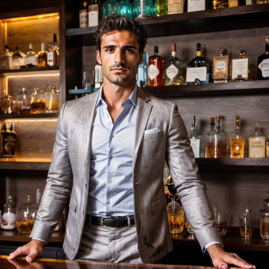 Handsome man in dark bar, seductive smile, party atmosphere.