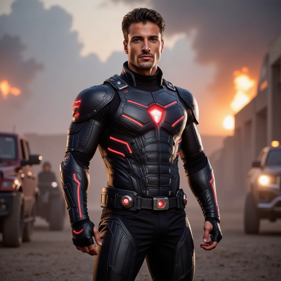 A mid-action portrait of a tech-enhanced superhero in dark grey armor with glowi