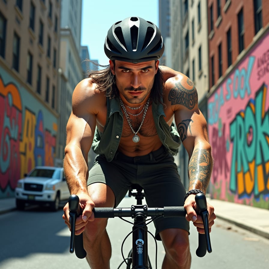man wearing casual attire and helmet, riding a sleek road bike on a sunny day, moving through the urban streets surrounded by tall buildings and heavy traffic, capturing the dynamic energy of city life.