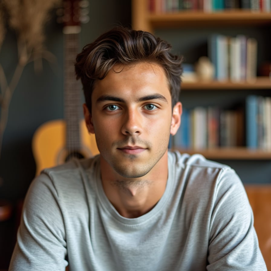 man that reflects his unique personality. He could be in a cozy indoor space with books or a guitar in the background, wearing a casual t-shirt or sweater. His expression is relaxed and genuine, conveying authenticity and charm