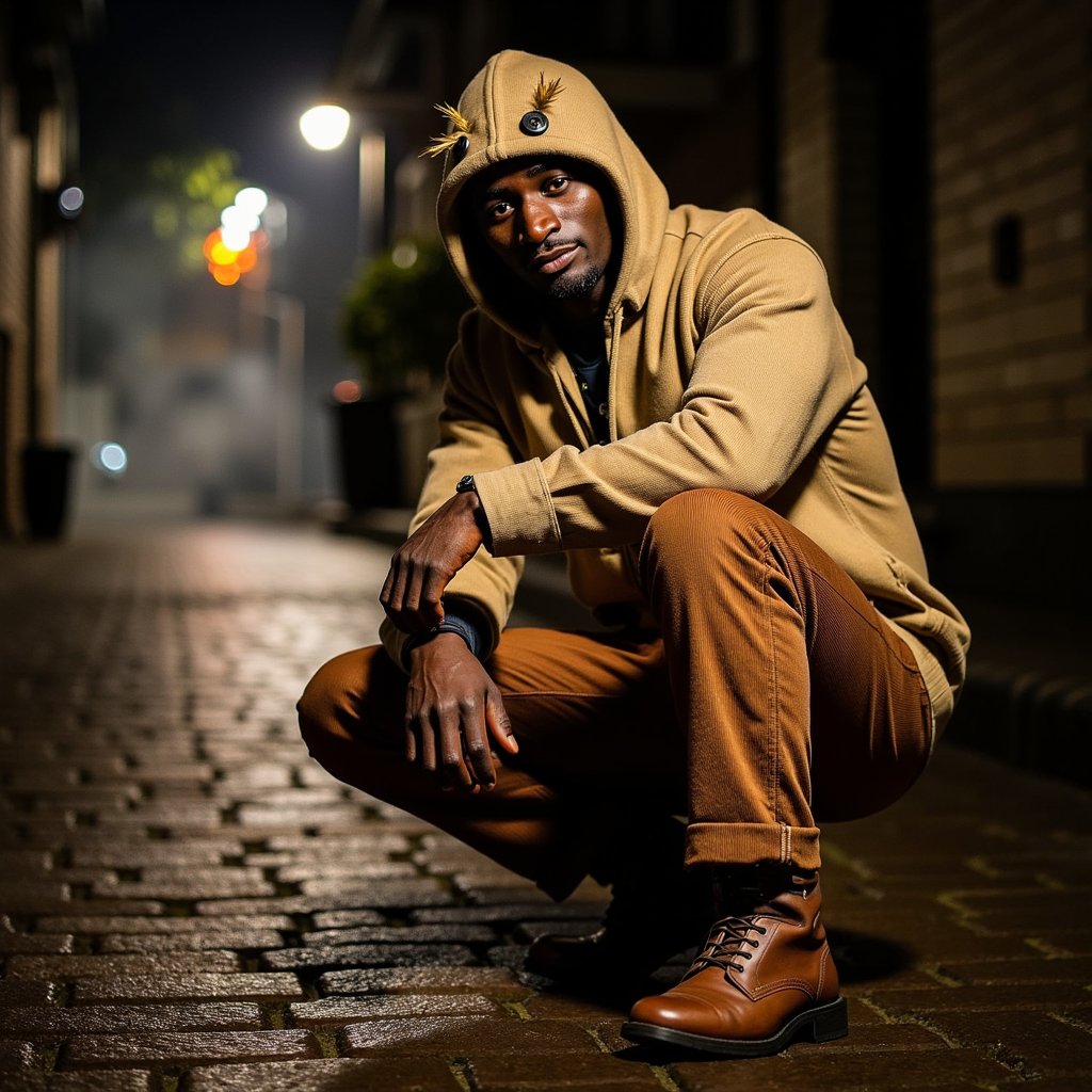 Full-body shot from a ground-level low angle, 24 mm lens, f/2.8, ISO 1600, 1/60 s. Scene lit by a single sodium-vapor streetlamp overhead and slightly behind, casting long shadows toward the camera and giving a warm-orange halo to straw tufts sticking from his cuffs and collar. Burlap shirt’s coarse weave is sharp in the lit areas, the rest receding into shadow. Patched corduroy trousers absorb light, showing faint texture under the dim glow. Hood’s mismatched button eyes catch a pinpoint glint from the lamp. Background: wet cobblestone alley reflecting streaks of light, faint mist in the air. Depth of field medium — boots and hood in focus, far end of alley softly blurred. Highly detailed, highly realistic, HDR.