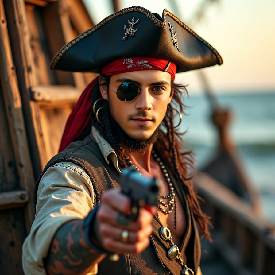 man in rugged pirate outfit, holding a pistol, with a bandana and eye patch, posed against a worn wooden shipwreck background, golden hour lighting,with a distant ocean view, captivating a sense of swashbuckling adventure.