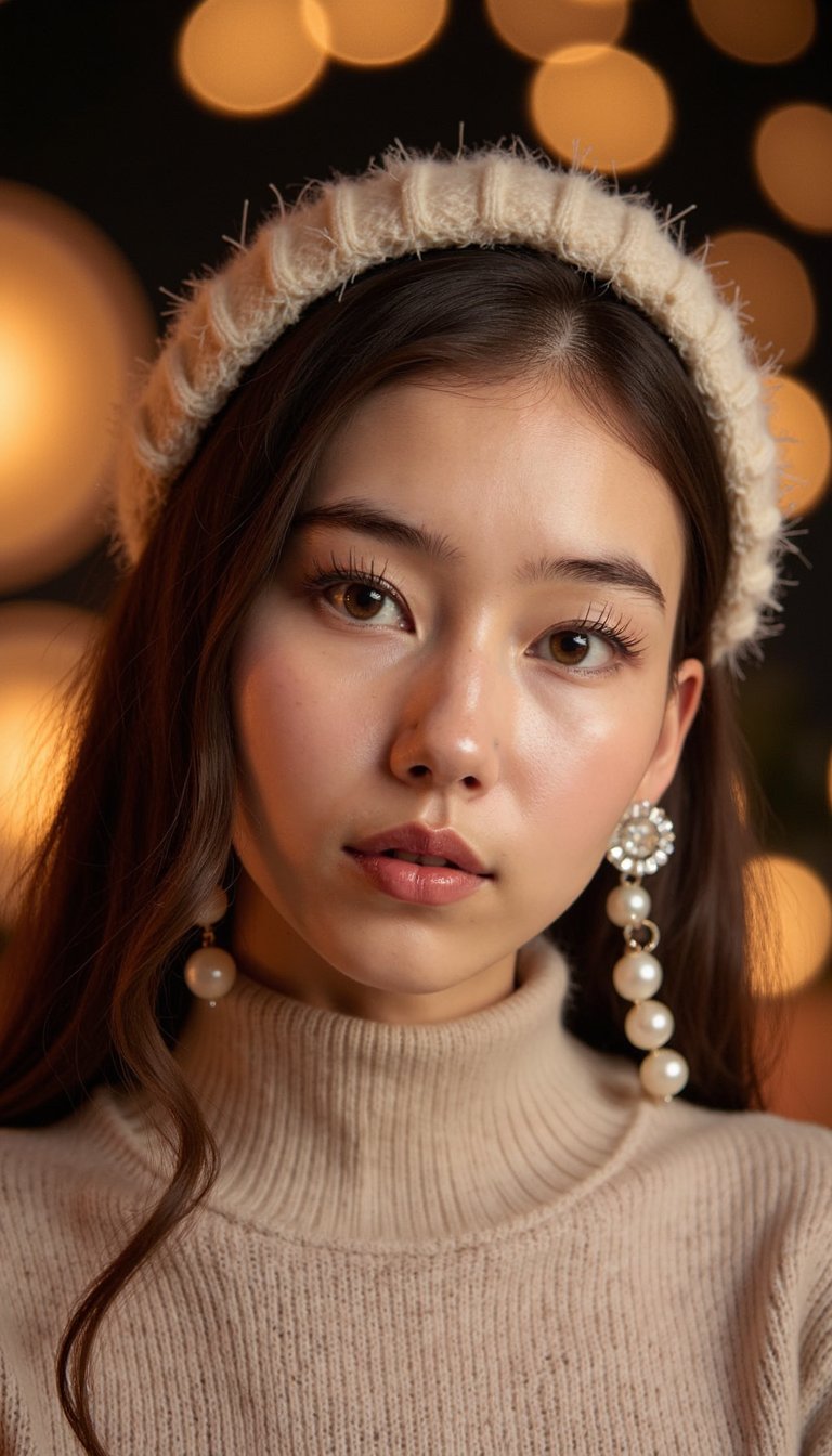 A highly realistic portrait of a woman dressed in an elegant New Year outfit, soft warm lighting, subtle fireworks bokeh in the background, clean composition suitable for a greeting card, shallow depth of field, polished festive mood, high detail, HDR, minimal background clutter