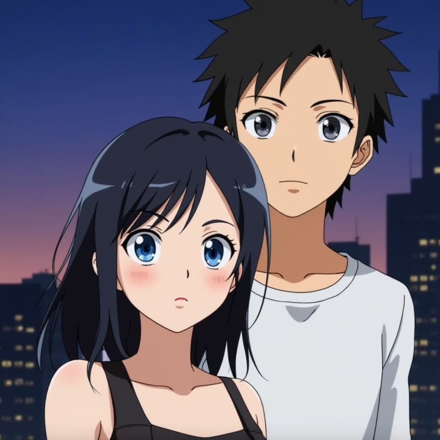 young man with spiky black hair and piercing blue eyes, wearing a sleek black uniform with a silver pin on his lapel, against a dark cityscape at dusk