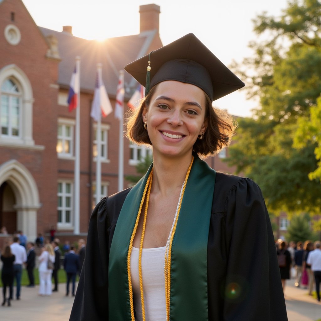 Waist-up portrait of a woman graduate on a campus quad at golden hour, shoulders angled, chin slightly lowered, soft closed-lip smile; wearing a black gown with double honor cords (gold & white) and a deep green satin stole; natural curls gathered into a low ponytail, a few tendrils framing her face; camera slightly above eye level for a flattering angle; 135mm equivalent, f/2.2, ISO 100; backlit rim light outlining the mortarboard and hair, with a large reflector in front for gentle fill; background: brick administration building, flags and spring foliage blurred into warm bokeh; texture notes: subtle stitching along the stole edge, fabric grain on the gown sleeves, tassel threads separated; minimal clutter, buttery background, skin texture preserved, highly detailed, highly realistic, HDR.