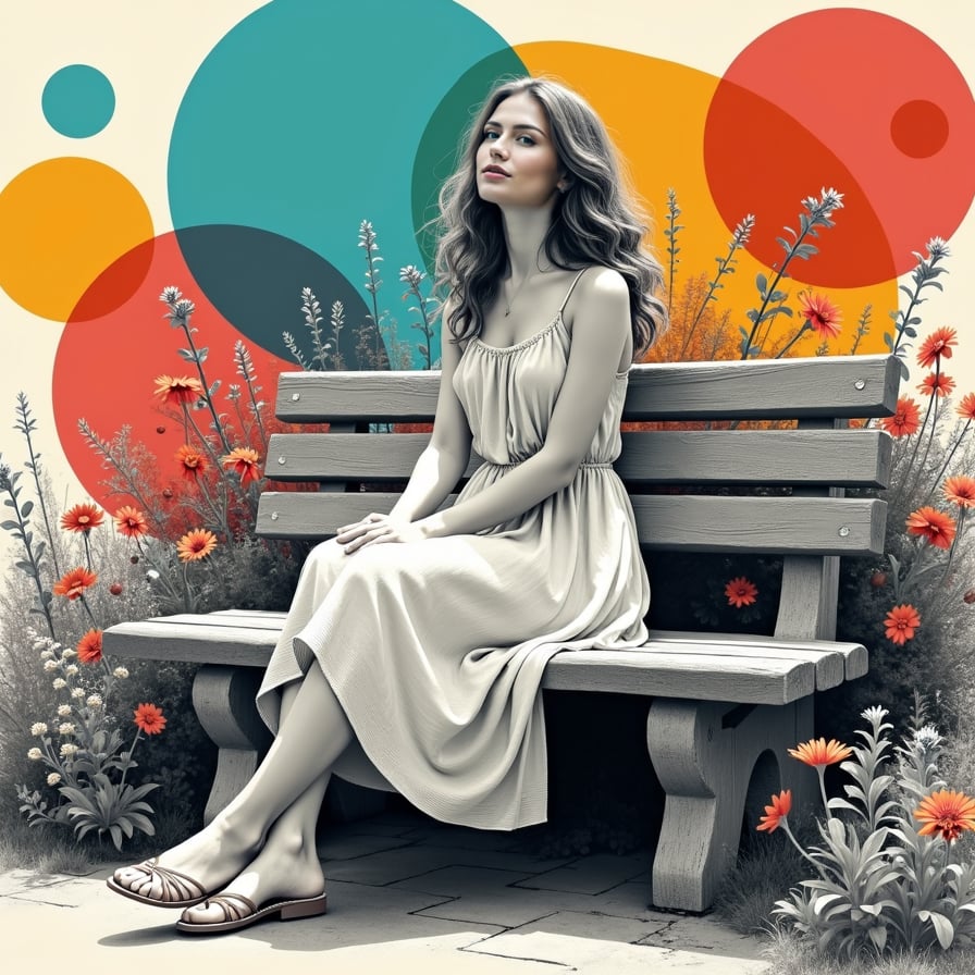 girl in a flowy sundress, sitting on a stone bench, surrounded by lush greenery and vibrant flowers, basking in the warm sunlight in a serene garden setting.