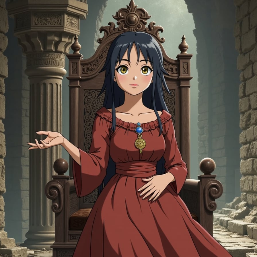 A mysterious woman with golden eyes and regal posture, wearing a faded but elegant dress adorned with ancient symbols. She stands in the ruins of an old castle, her fingers brushing against a weathered throne, lost in thought.