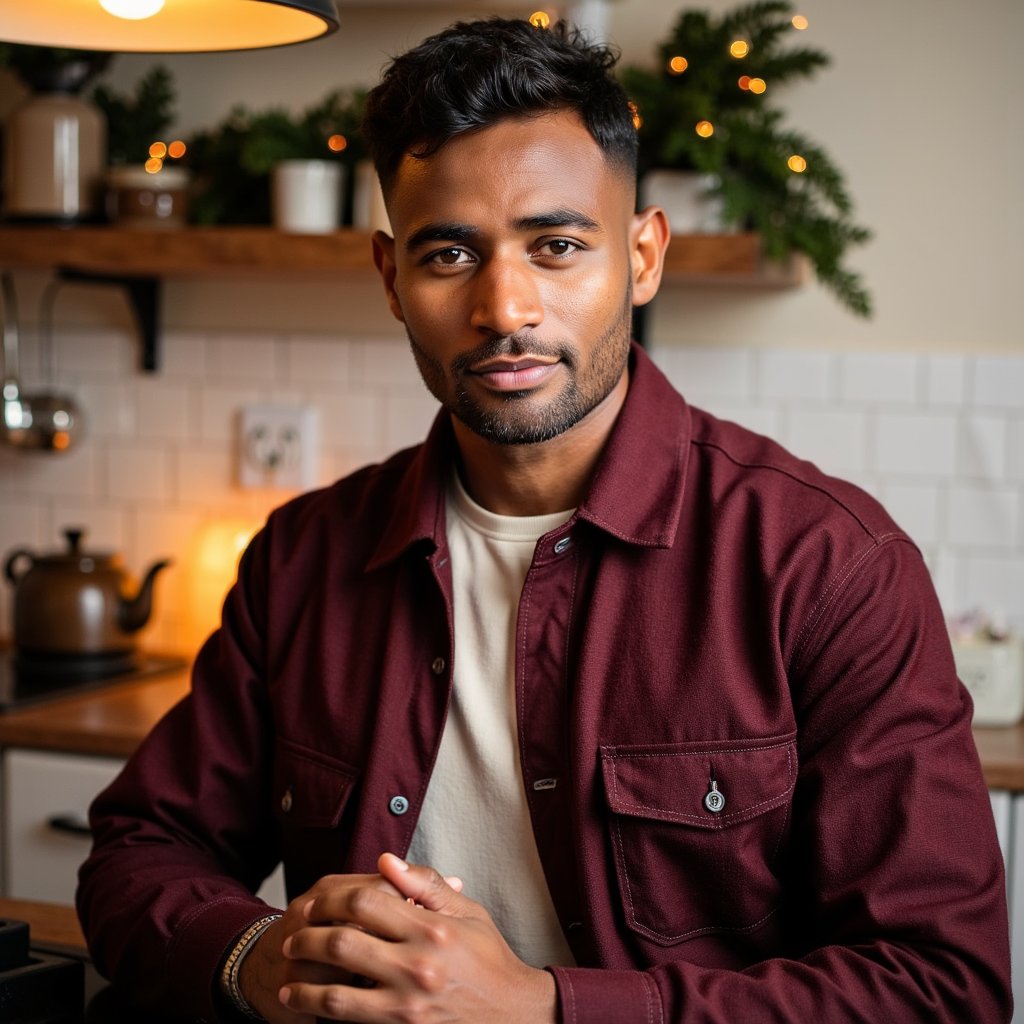Waist-up portrait of a man standing in a holiday-lit kitchen, leaning lightly against the counter, hands loosely clasped in front, no motion. He wears a deep-red flannel shirt layered over a cream thermal tee; flannel pattern threads visible in crisp detail. Hair: slightly messy textured quiff; clean-shaven. Lighting: warm overhead pendant lights with soft falloff on one side, plus a subtle orange glow from a stovetop kettle off-frame. Background: blurred Christmas cookie tin, pine sprigs, soft-string lights—minimal clutter, shallow DOF. Camera: 50mm f/2 at slight lower-than-eye angle for a homey vibe; highly detailed, highly realistic, HDR with clear textile structure and natural skin texture.